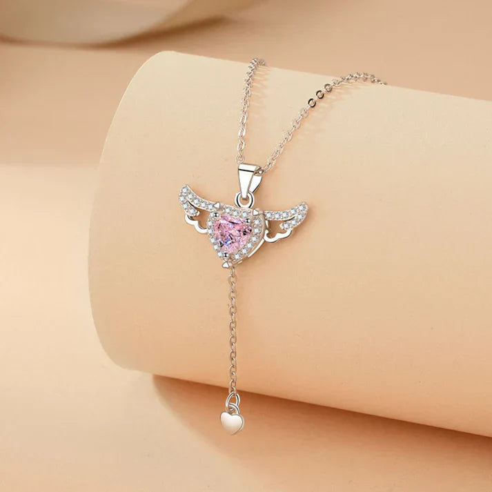 Silver Angel Wings Heart Necklace