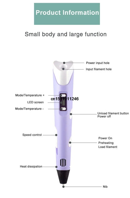 LED Display 3D Printing Pen with PLA Filament & Travel Case – DIY Creative Tool