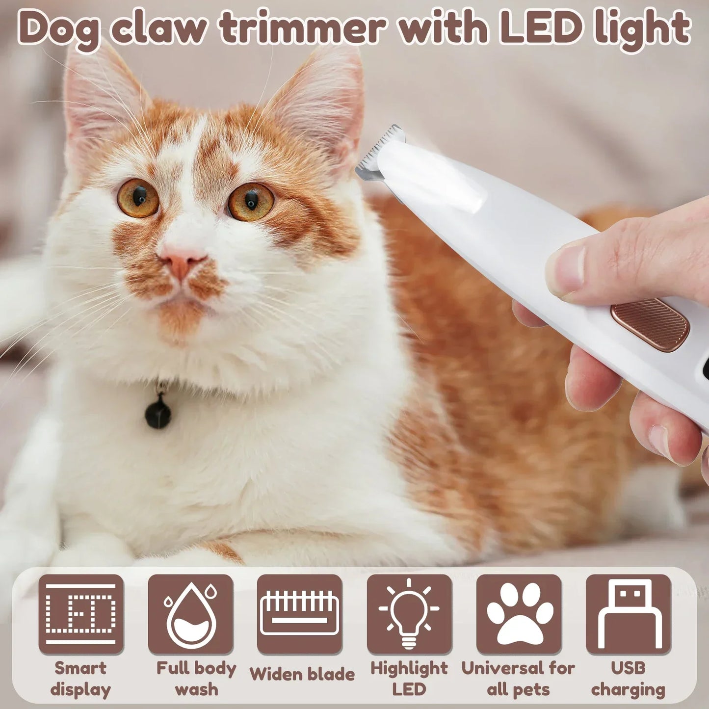 LED Pet Paw Trimmer - Waterproof, Low Noise, Cordless Grooming Clippers