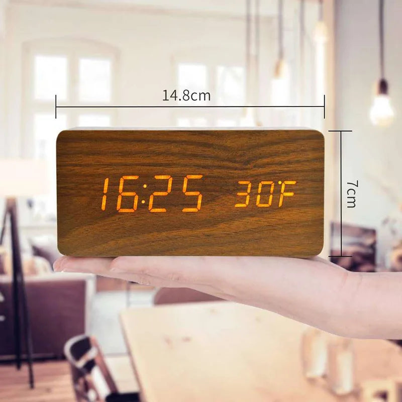 Wooden LED Digital Alarm Clock with Temperature Display and Adjustable Brightness