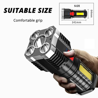 High-Power 5 LED Rechargeable Camping Flashlight with 3 Lighting Modes & Side Light