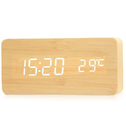 Wooden LED Digital Alarm Clock with Temperature Display and Adjustable Brightness