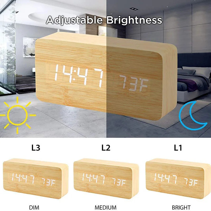 Wooden LED Digital Alarm Clock with Temperature Display and Adjustable Brightness