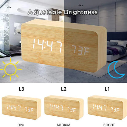 Wooden LED Digital Alarm Clock with Temperature Display and Adjustable Brightness