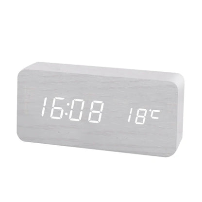 Wooden LED Digital Alarm Clock with Temperature Display and Adjustable Brightness