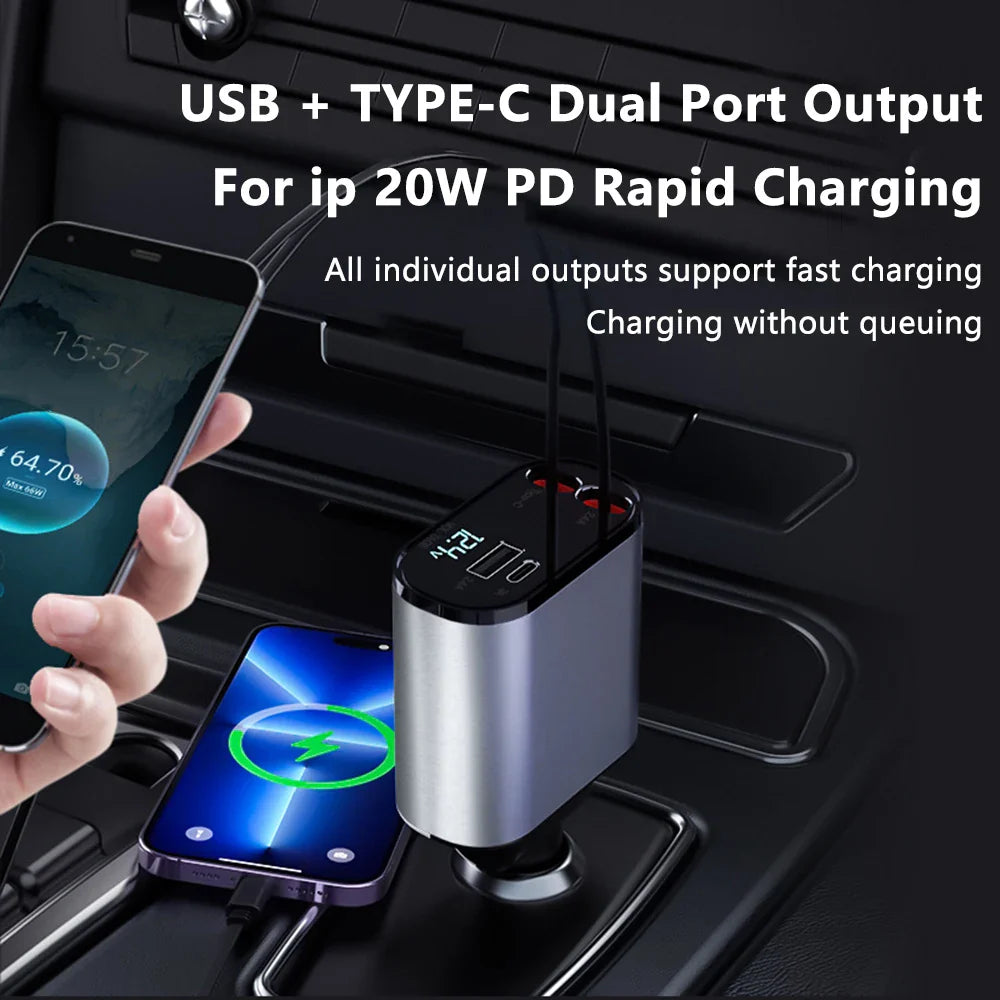 100W 4-in-1 Fast Charging Car Charger with Cigarette Lighter Adapter