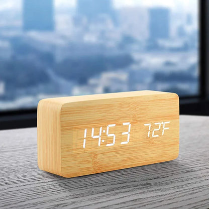 Wooden LED Digital Alarm Clock with Temperature Display and Adjustable Brightness