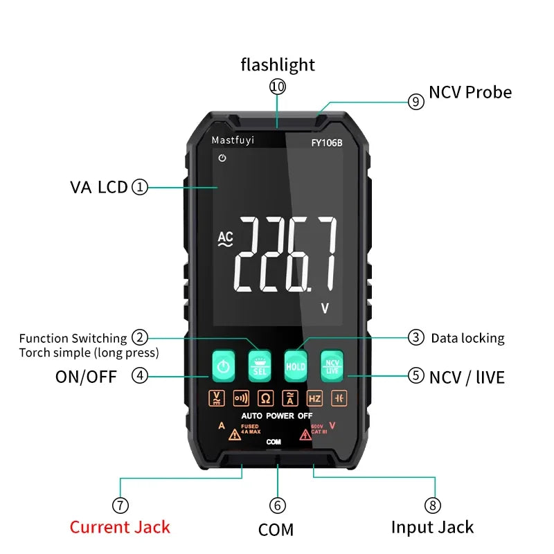 Mini Digital Multimeter - Smart Electrician Tester for DC/AC Voltage, Resistance, and More