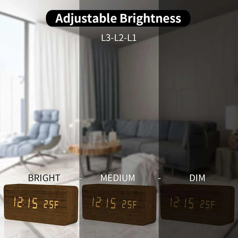 Wooden LED Digital Alarm Clock with Temperature Display and Adjustable Brightness