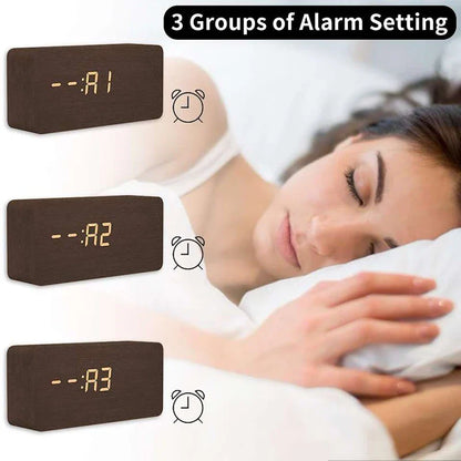 Wooden LED Digital Alarm Clock with Temperature Display and Adjustable Brightness