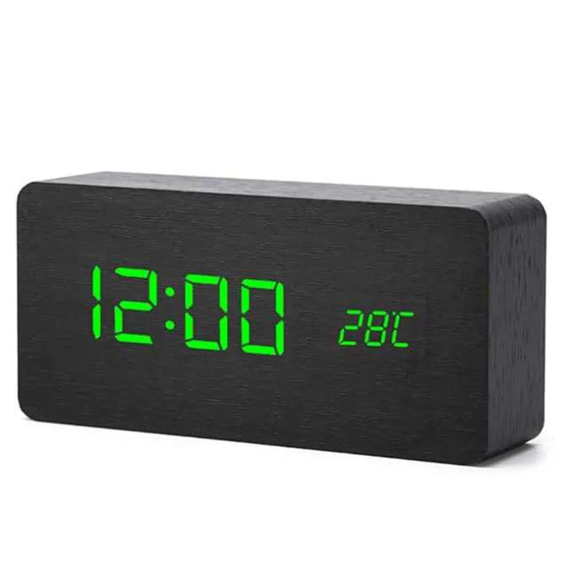 Wooden LED Digital Alarm Clock with Temperature Display and Adjustable Brightness