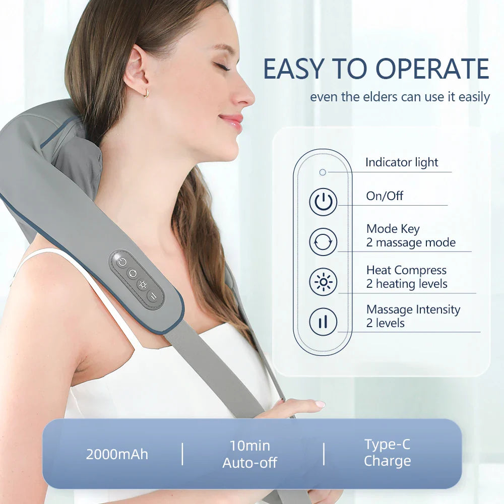 Wireless Neck and Back Massager with Heat and Kneading Technology