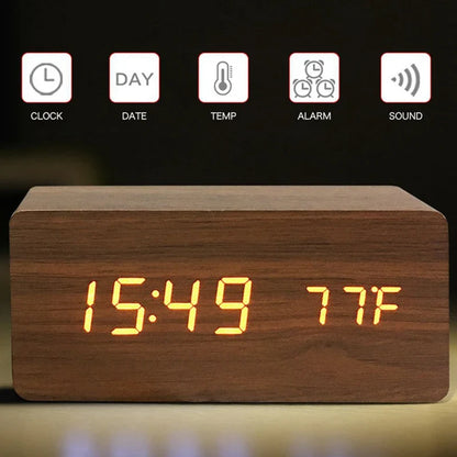 Wooden LED Digital Alarm Clock with Temperature Display and Adjustable Brightness