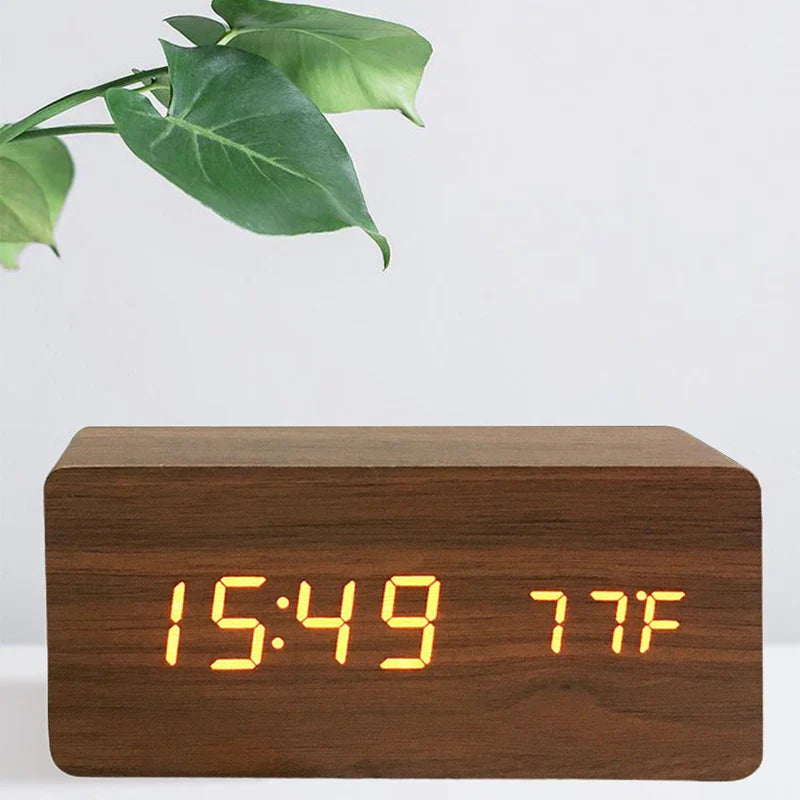 Wooden LED Digital Alarm Clock with Temperature Display and Adjustable Brightness