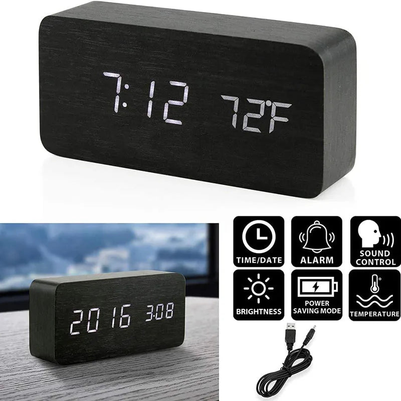 Wooden LED Digital Alarm Clock with Temperature Display and Adjustable Brightness