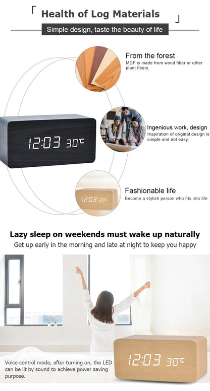 Wooden LED Digital Alarm Clock with Temperature Display and Adjustable Brightness