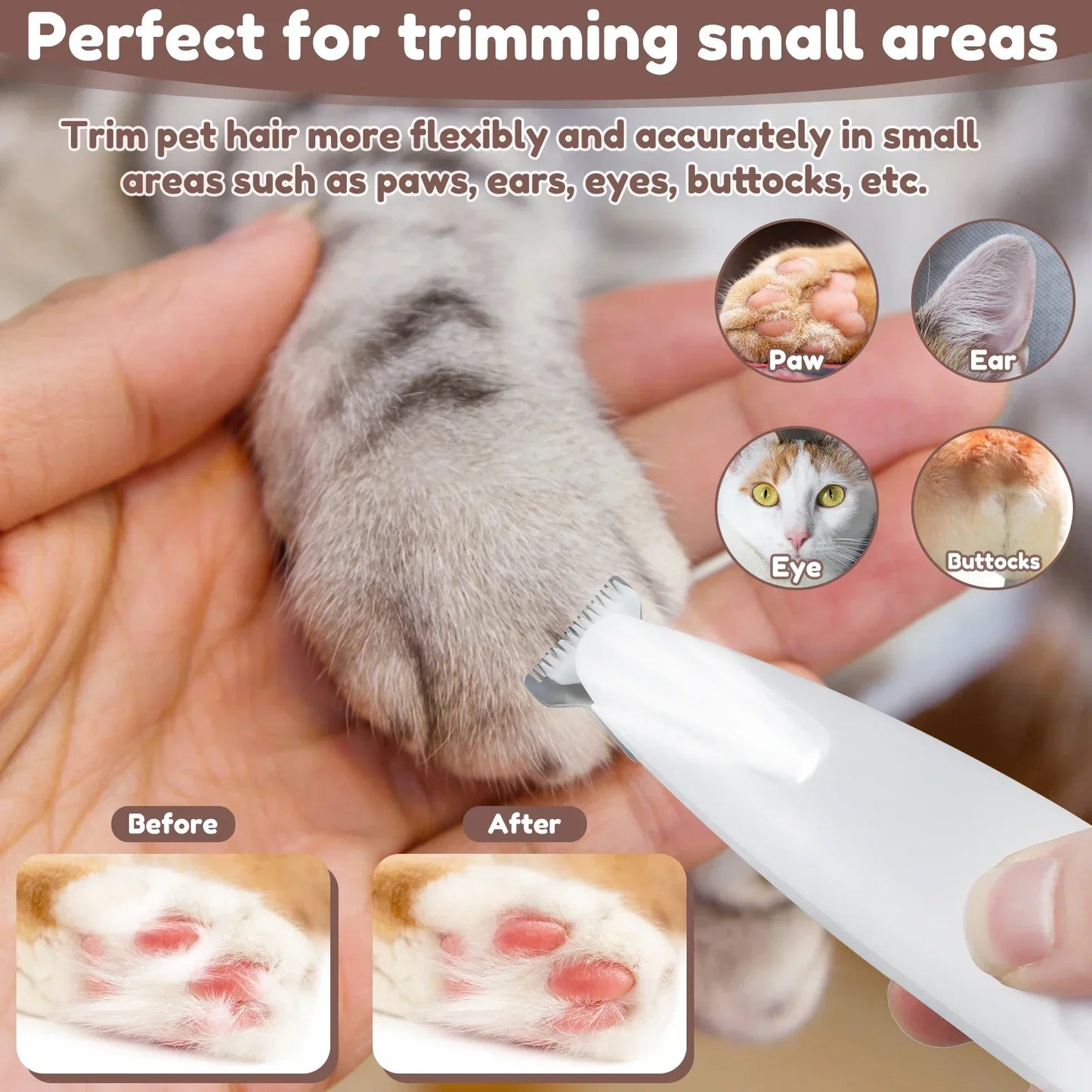 LED Pet Paw Trimmer - Waterproof, Low Noise, Cordless Grooming Clippers