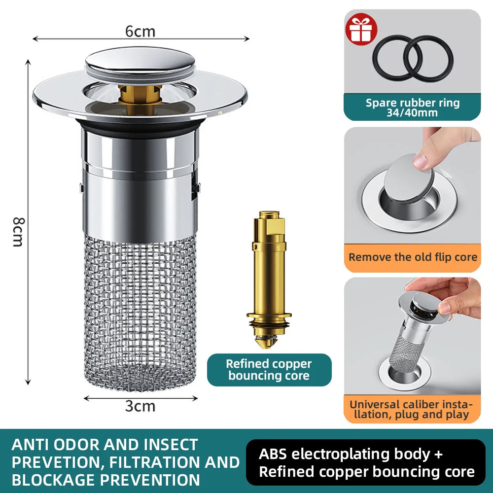 Pop-Up Sink Drain Filter and Hair Catcher Stopper