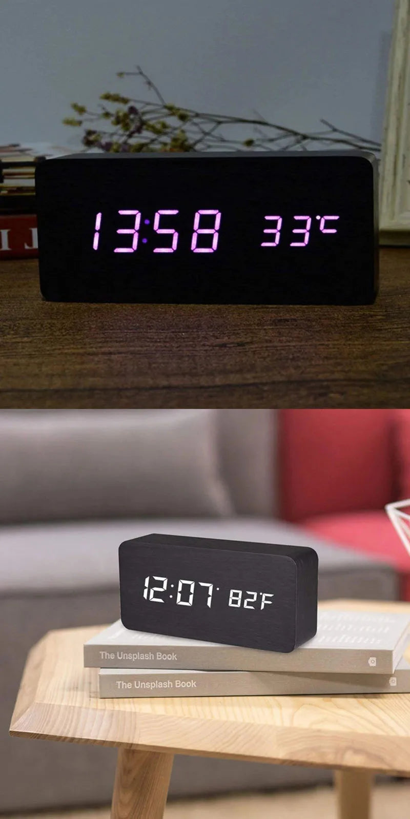 Wooden LED Digital Alarm Clock with Temperature Display and Adjustable Brightness