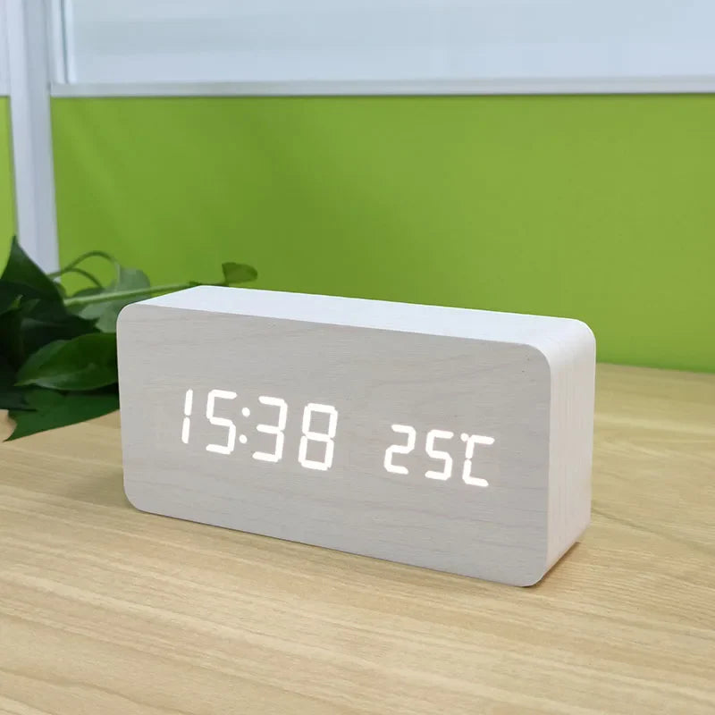 Wooden LED Digital Alarm Clock with Temperature Display and Adjustable Brightness