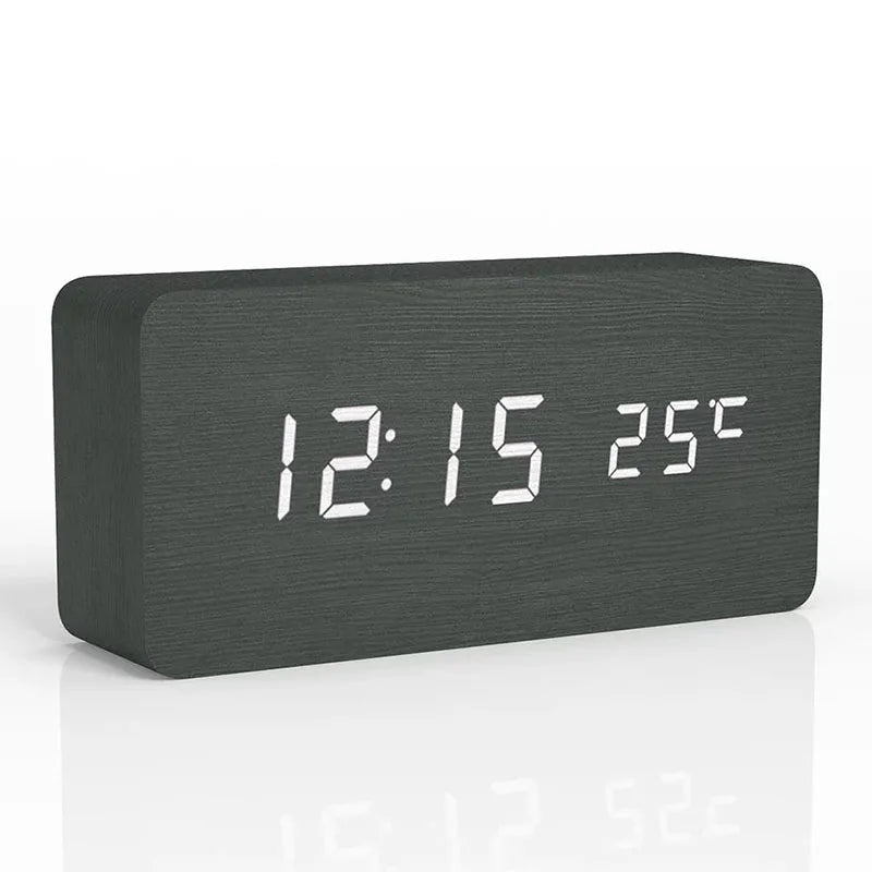 Wooden LED Digital Alarm Clock with Temperature Display and Adjustable Brightness