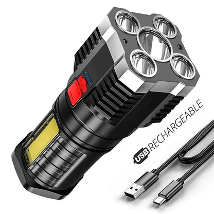 High-Power 5 LED Rechargeable Camping Flashlight with 3 Lighting Modes & Side Light