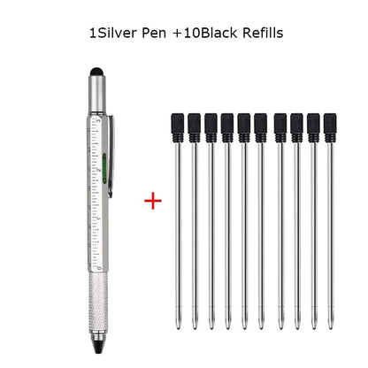 SearchFindOrder 1 Black 10 Blue ink Multifunctional 6-in-1 Precision Pen Screwdriver Ruler Caliper Touchscreen Stylus Level and Ballpoint Pen