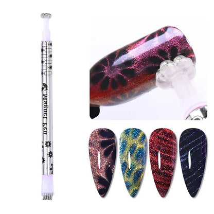 Cat Eye Gel Nail Polish Magnet Tool Set with Magnet Wand for Holographic Cat Eye, Double-head Flower Design Nail Magnet Pens, 3D Magnetic Cat Eye Gel Nail Polish Nail Art for Salon, Studio or Home