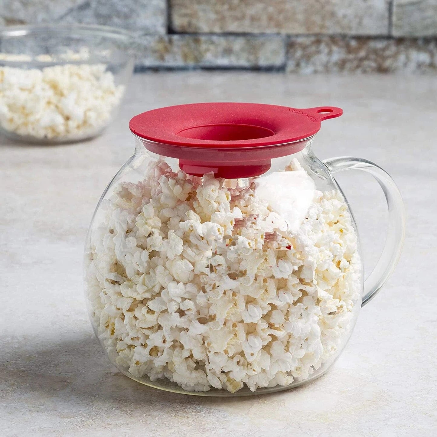 Microwave Glass Popcorn Popper, Borosilicate Glass, 3-in-1 Lid Measures Kernels and Melts Butter, Dishwasher Safe, BPA Free