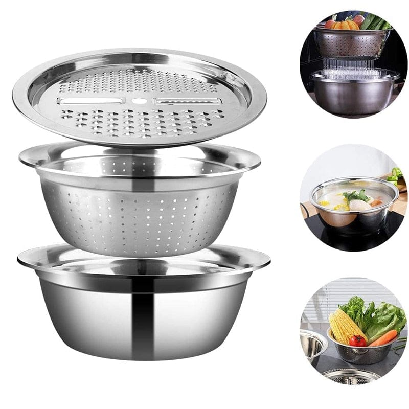 3-in-1 Stainless Steel Vegetable Slicer Grater, Cutter, Drain Basket