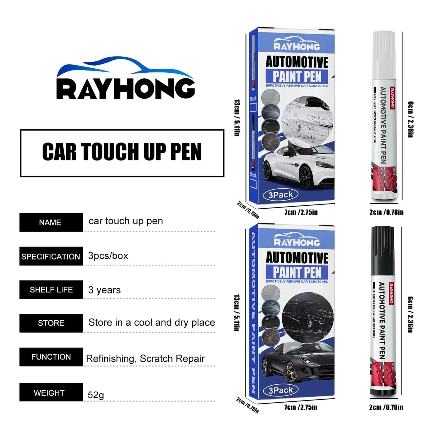 SearchFindOrder 3pcs White / China 3 Pieces Auto Finish Precision Paint Repair Kit Black & White Scratch Remover Pens