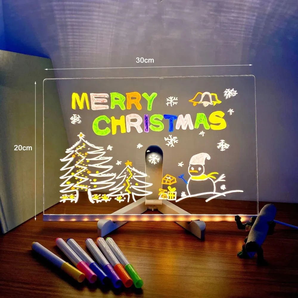 Acrylic Dry Erase Board with Light, 11.8 X 7.9” Light up Dry Erase Board with Adjustable Stand, Glow LED Note Message Board with 7 Erasable Color Pens for Office, School, Home