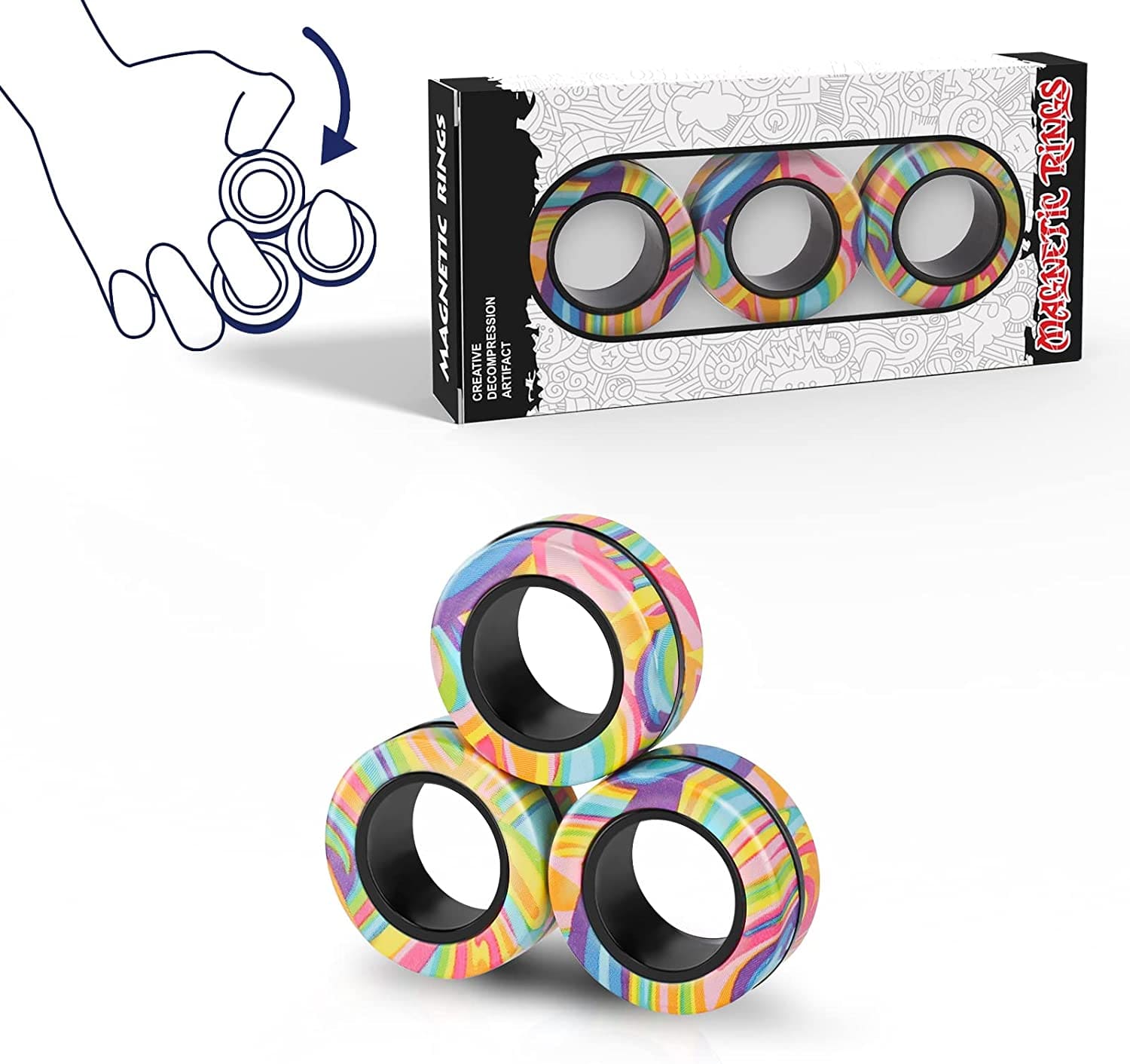 SearchFindOrder Colorful Graffiti 3pc Anxiety Relieving Colorful Magnetic Finger Rings