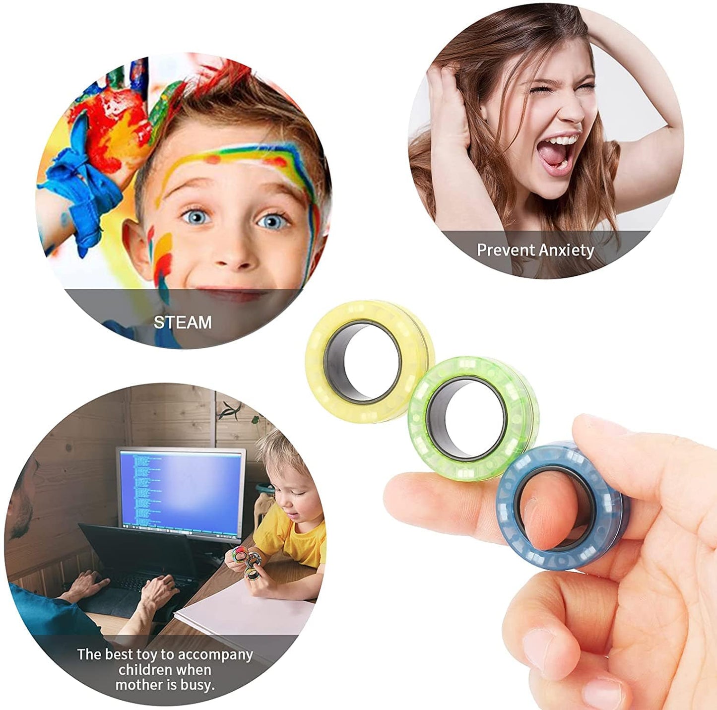 3 Pcs Finger Magnetic Rings Fidget Toys, Colorful Magnet Rings for Stress Relief, ADHD, Autism, Anxiety