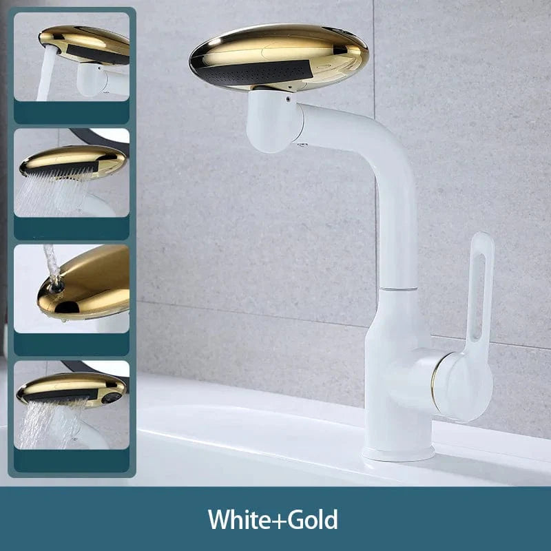 360° Rotating Chrome Faucet with 4-in-1 Multi-Directional Feature, including Rain and Waterfall Fountain Modes, for Bathroom and Kitchen Sink Basins