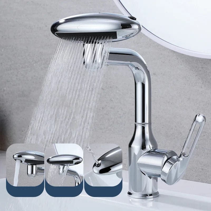 360° Rotating Chrome Faucet with 4-in-1 Multi-Directional Feature, including Rain and Waterfall Fountain Modes, for Bathroom and Kitchen Sink Basins