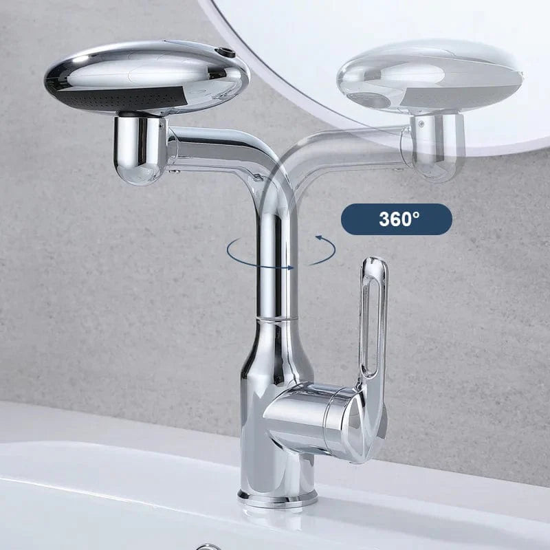 360° Rotating Chrome Faucet with 4-in-1 Multi-Directional Feature, including Rain and Waterfall Fountain Modes, for Bathroom and Kitchen Sink Basins