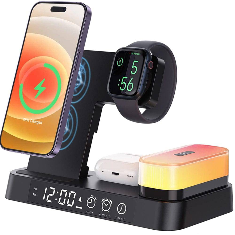 SearchFindOrder Black 5-in-1 Folding Magnetic Wireless Charging Hub with Alarm Clock & Night Light for iPhone