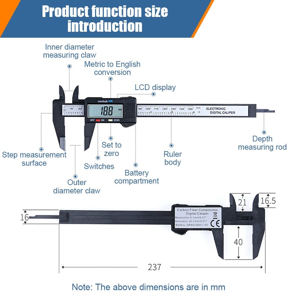 Electronic Digital Vernier Micrometer Caliper Measuring Tool Stainless Steel Large LCD Screen 0-6 Inch/150mm