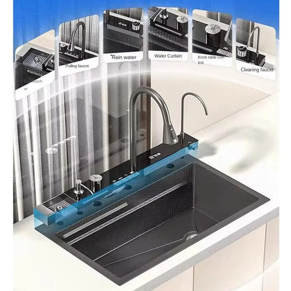 Kitchen Sink, 304 Stainless Steel Kitchen Sink, Nano Digital Display Waterfall Sink with Flying Rain Pull-Out Faucet, Pressurized Cup Washer, and Accessories