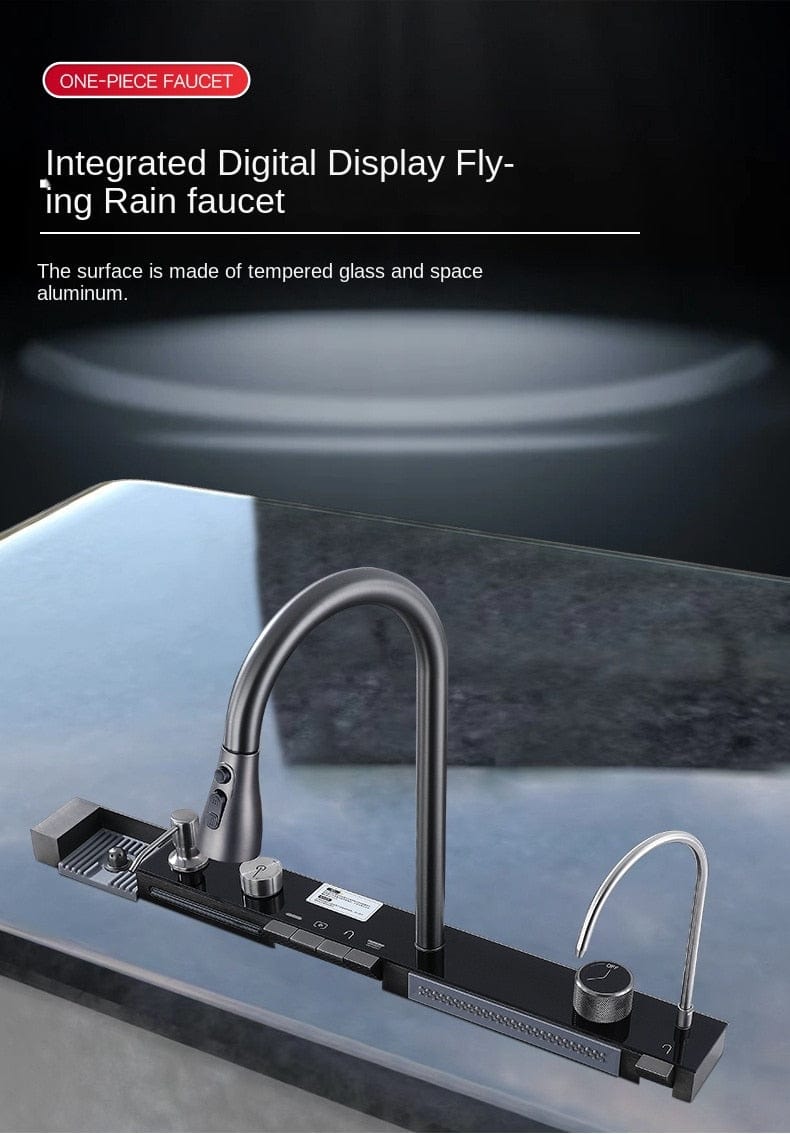 Kitchen Sink, 304 Stainless Steel Kitchen Sink, Nano Digital Display Waterfall Sink with Flying Rain Pull-Out Faucet, Pressurized Cup Washer, and Accessories