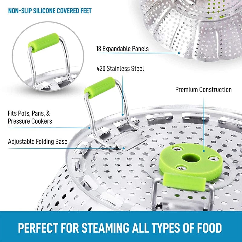 Stainless Steel Vegetable Steamer Basket, Expandable and Folding Insert for Veggie, Fish, and Seafood Cooking - Fits Various Pot Sizes (5.1" to 9")