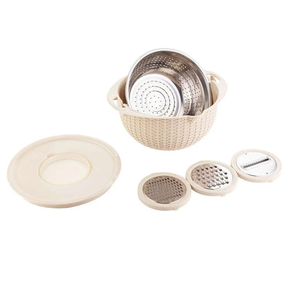 4-in-1 Kitchen Set: Rotatable Colander and Mixing Bowl with Built-in Vegetable Slicer, Salad Spinner, and Food Grader - Ideal for Washing and Straining Pasta, Rice, Fruits, and Veggies; Includes Storage Container.