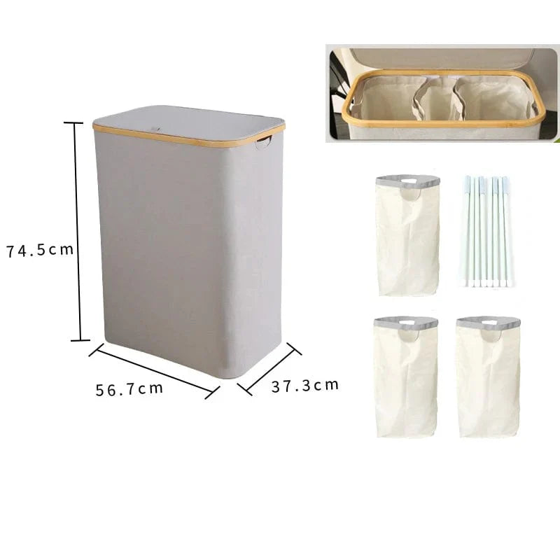 Tri Section Extra Large Bamboo Laundry Hamper with Lid