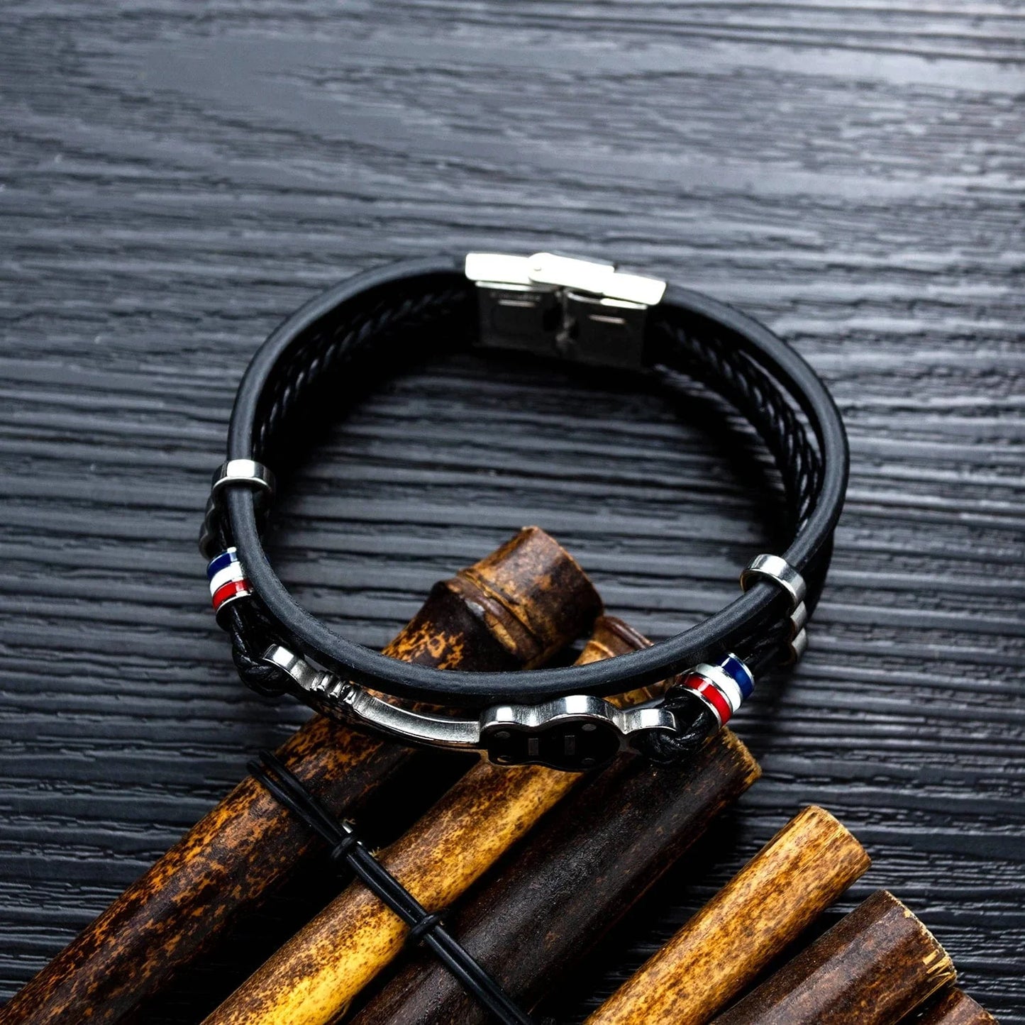 Leather and Stainless Steel Guitar Charm Bracelet