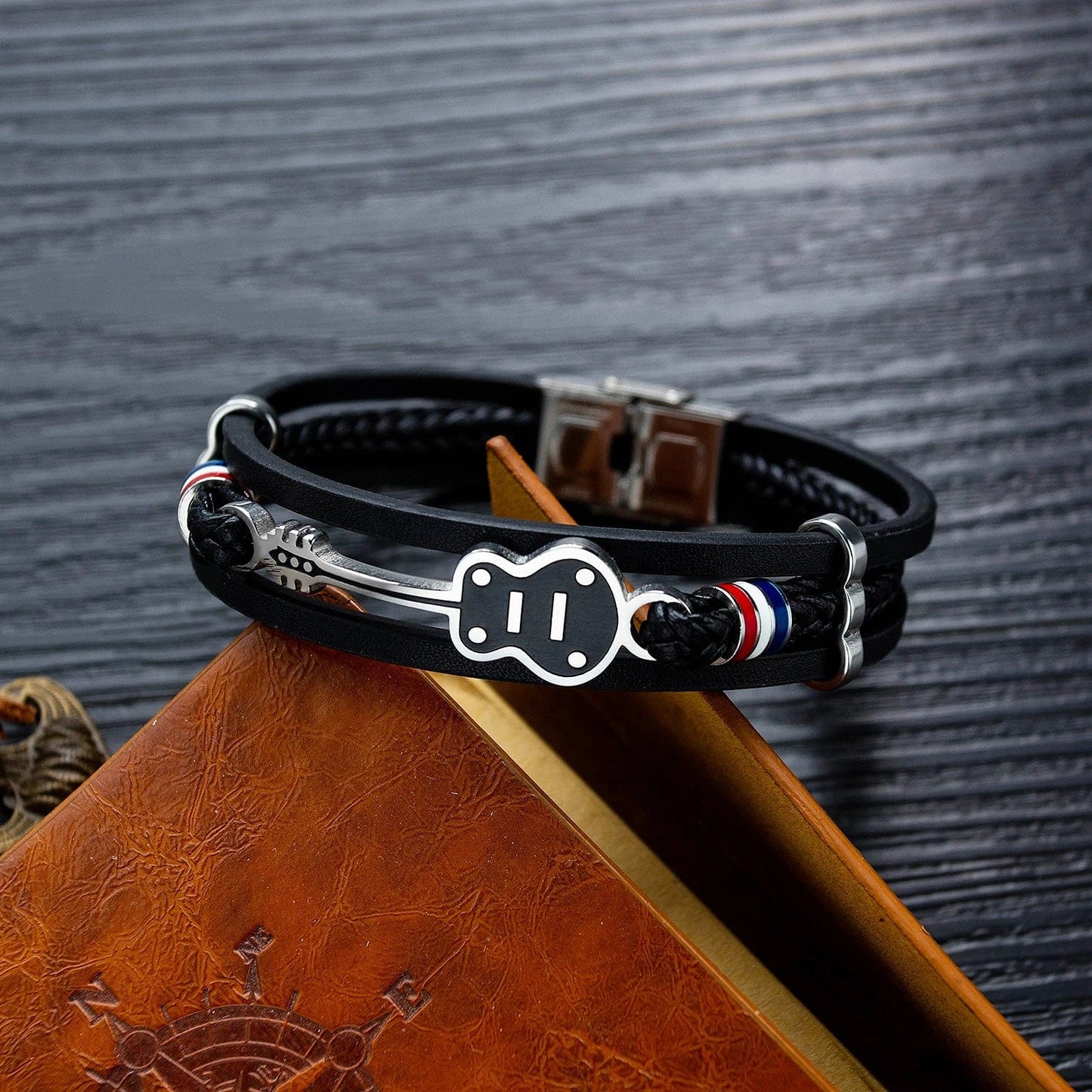 Leather and Stainless Steel Guitar Charm Bracelet