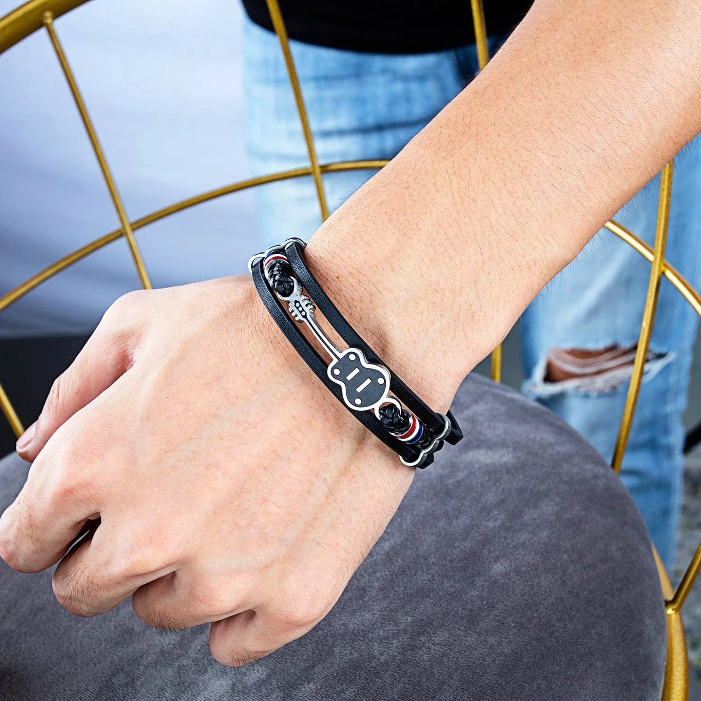 Leather and Stainless Steel Guitar Charm Bracelet