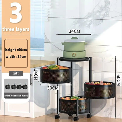 Rotating Storage Rack, Kitchen Bathroom Shelf with Wheels, Metal Standing Shelf Storage Fruit Vegetable Snack, Kitchen Bathroom Organization and Storage, 5-Tier Round