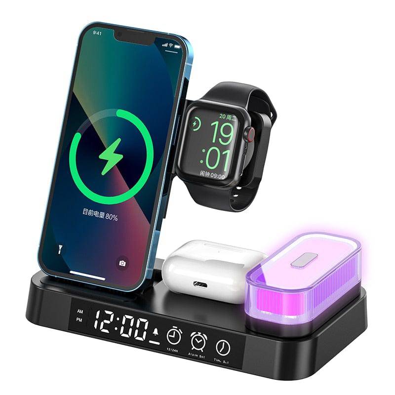 SearchFindOrder White 5-in-1 Folding Magnetic Wireless Charging Hub with Alarm Clock & Night Light for iPhone