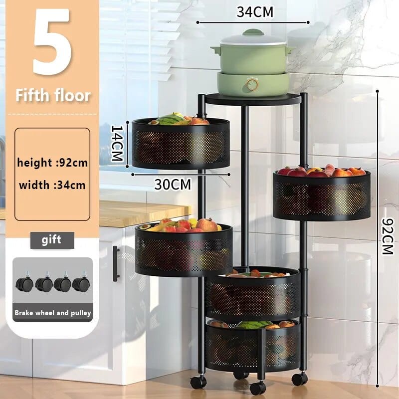 Rotating Storage Rack, Kitchen Bathroom Shelf with Wheels, Metal Standing Shelf Storage Fruit Vegetable Snack, Kitchen Bathroom Organization and Storage, 5-Tier Round